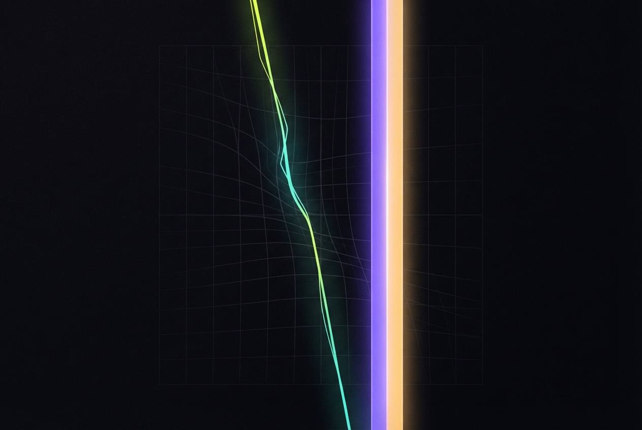 Filamento luminoso que cae frente a una columna de luz que sube, con una grilla que se deforma por un peso invisible entre ambos